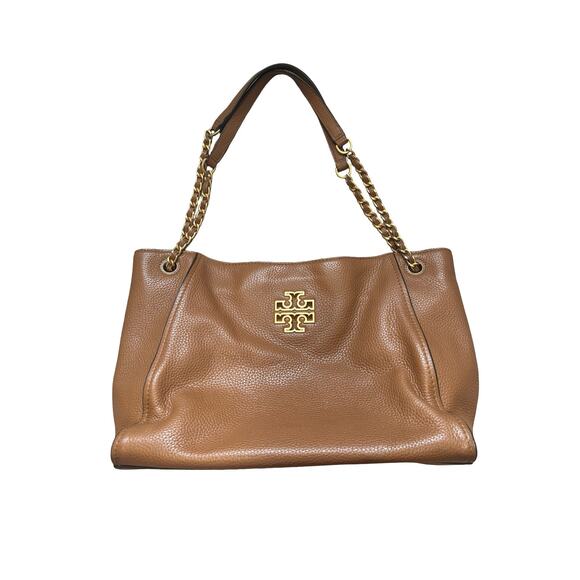Tory Burch Handbags - Tory Burch Britten Brown Pebbled Leather Chain Strap Tote Bag